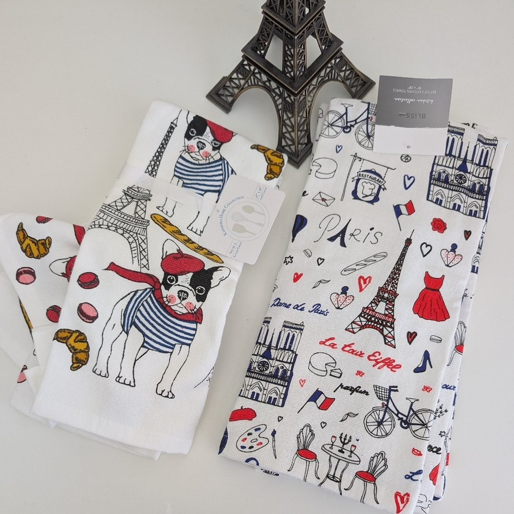 4 PC La Vie Parisienne Paris Theme Kitchen Towel Frenchie French Bulldog Eiffel